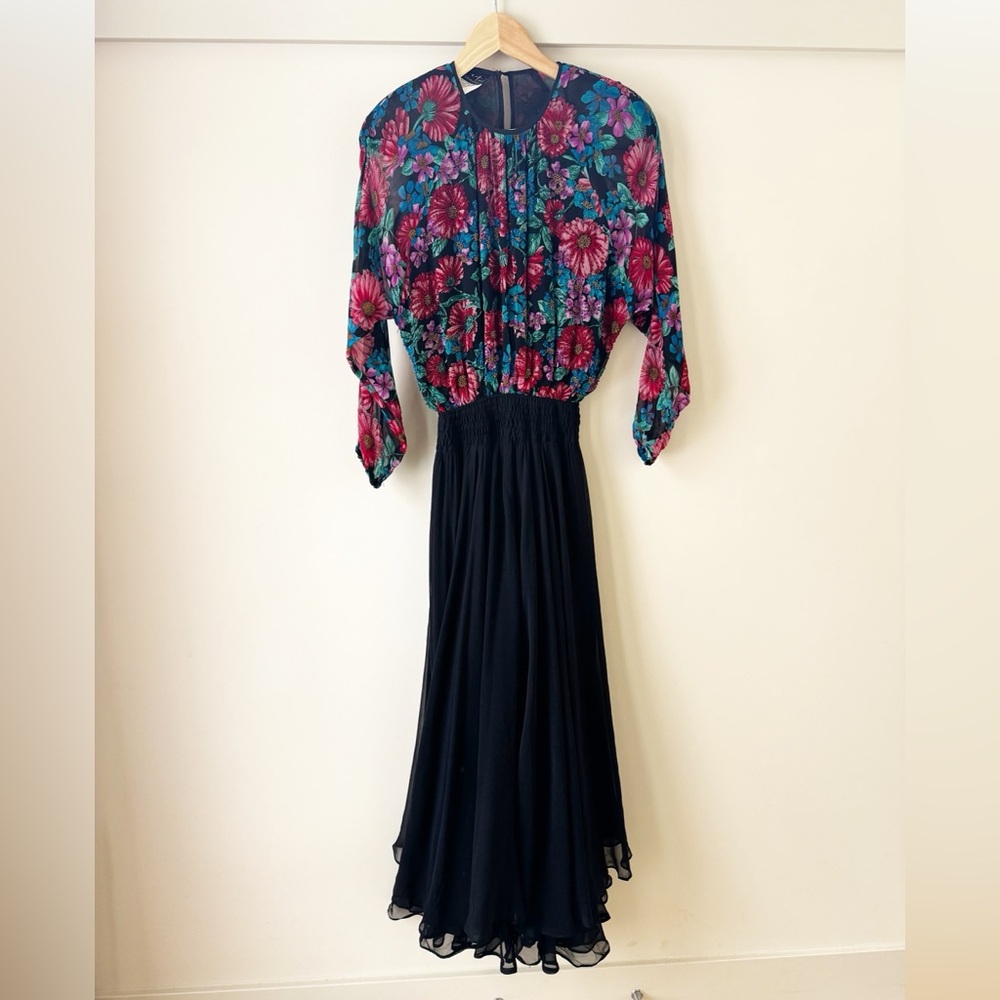 Vintage Diane Fries Floral Beaded Black Maxi Dress with neck scarf